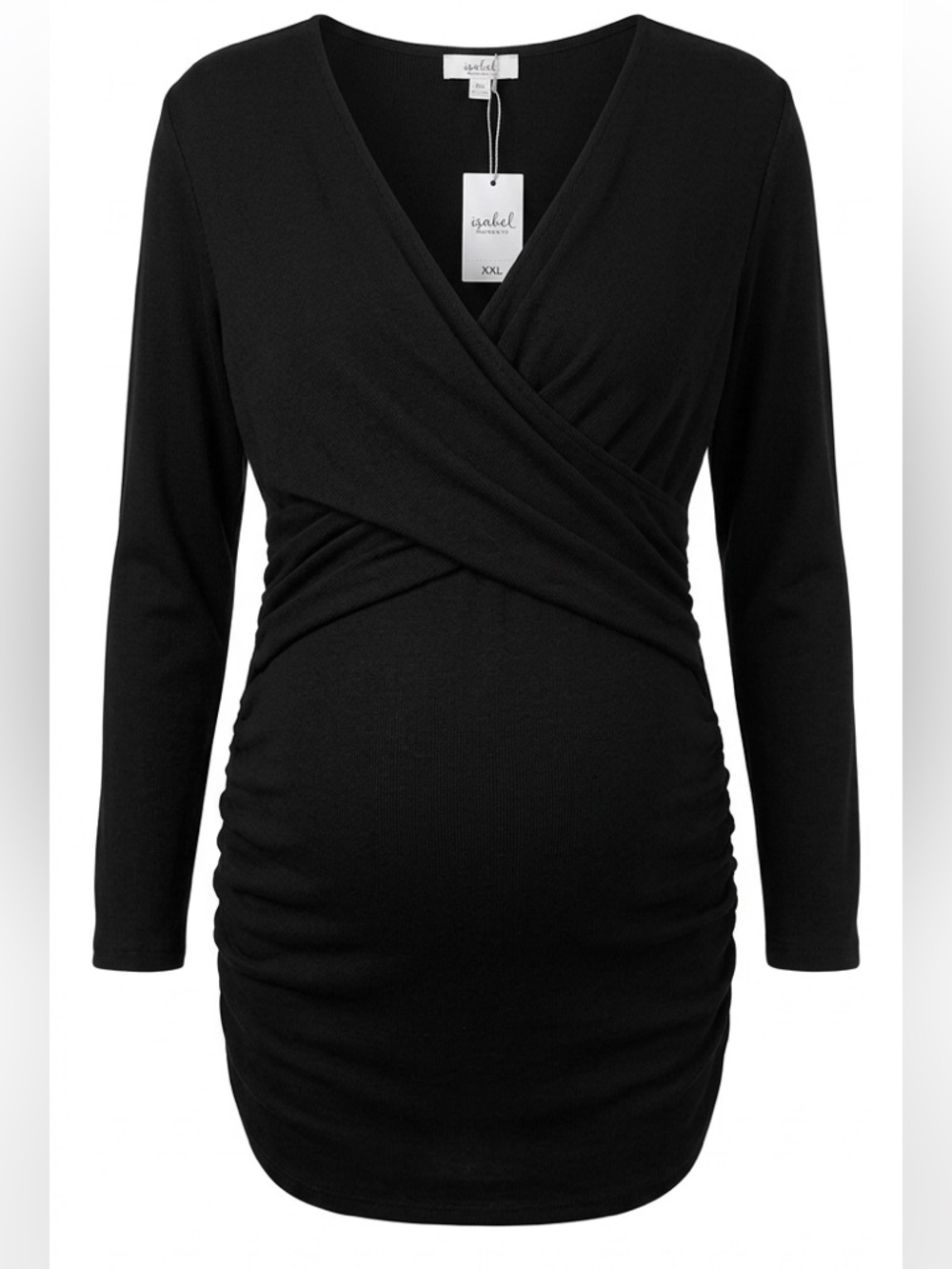 NWT Isabel Maternity XXL Black Crossover Ruched Sides Ribbed Long Sleeve Sweater